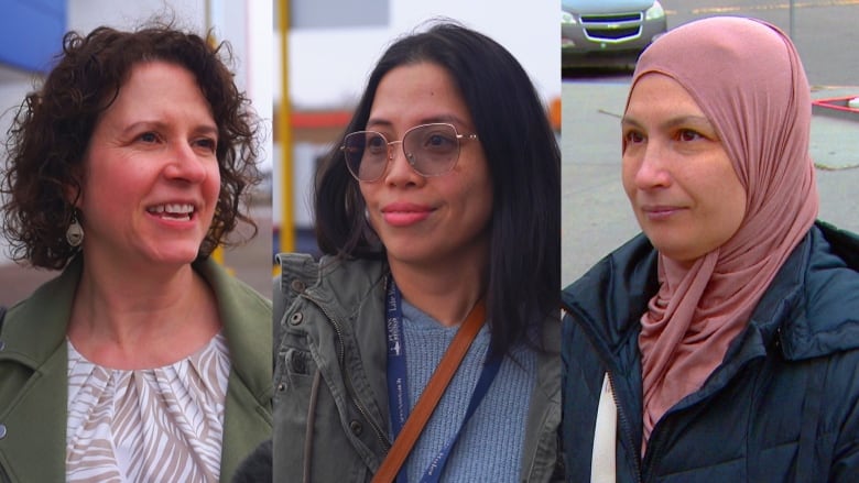 Three women, one with curly hair, one with glasses, and one wearing a hijab, speak during interviews.