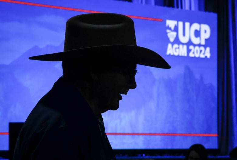 A person in profile is seen in complete silhouette against a blue background. They are wearing a cowboy hat and glasses.