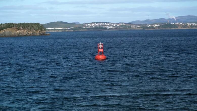 A large red buoy in the ocean.