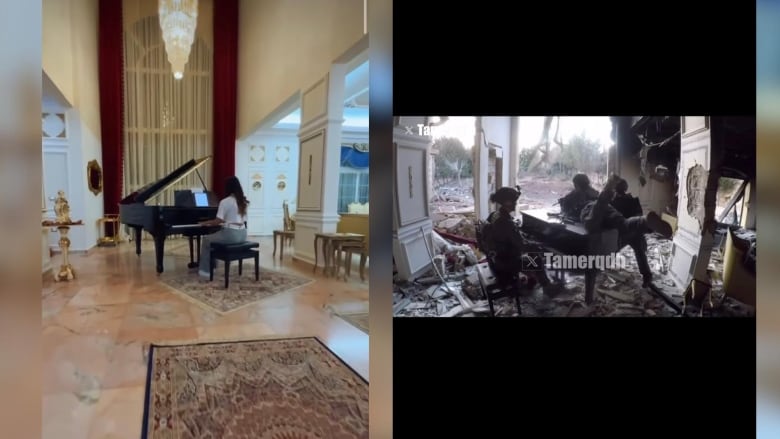 A composite photo of a girl playing the piano on the left and soldiers playing the same piano on the right.