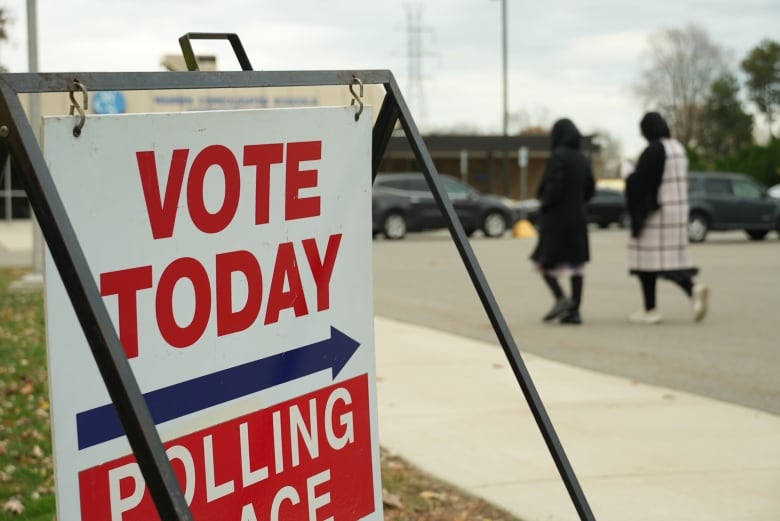 A sign that says Vote Today Polling Place with two people in the distance walking into a building