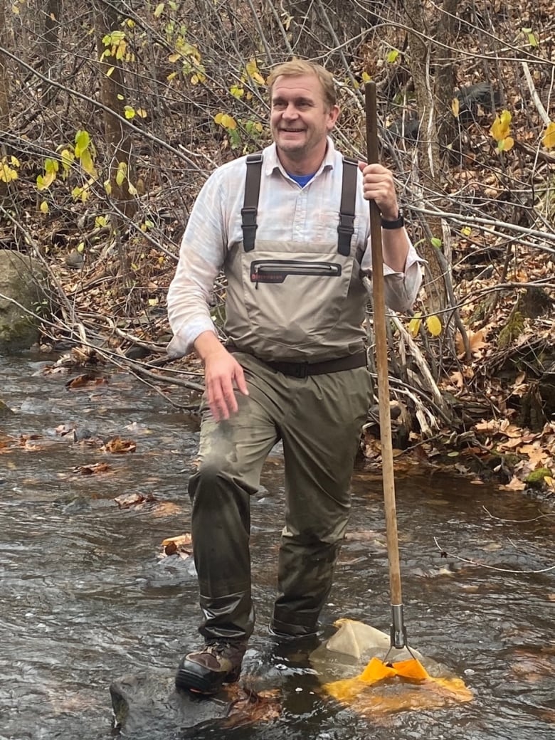 A man in about his forties or fifties with light coloured hair wearing khaki chest waders and a light coloured collared shirt stands in a stream holding a wooden pole that has an orange net partially submerged in shallow water. In the background is a bank covered in orange fallen leaves with a few pale green leaves on spindly saplings.