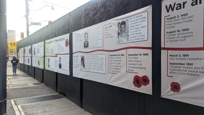 A series of panels show a timeline with historical facts about Canada's military milestones.