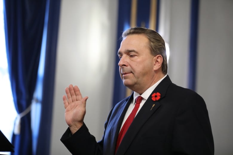 A man raises his right hand. He is wearing a blue suit with a red tie.