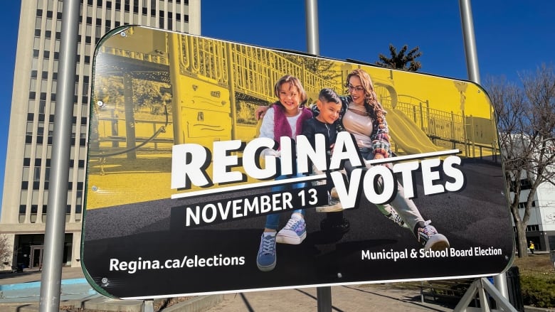 A sign noting the date of the Nov. 13, 2024, Regina civic election sits outside of Regina city hall. 