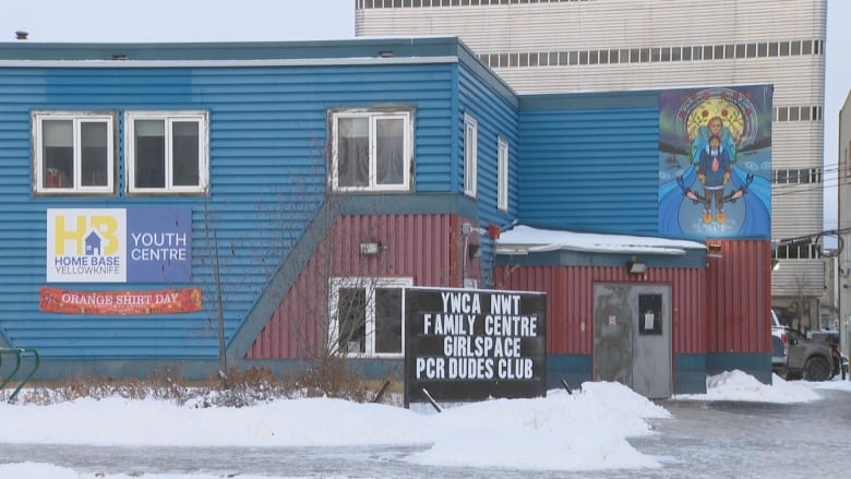 A blue and red building in downtown Yellowknife 