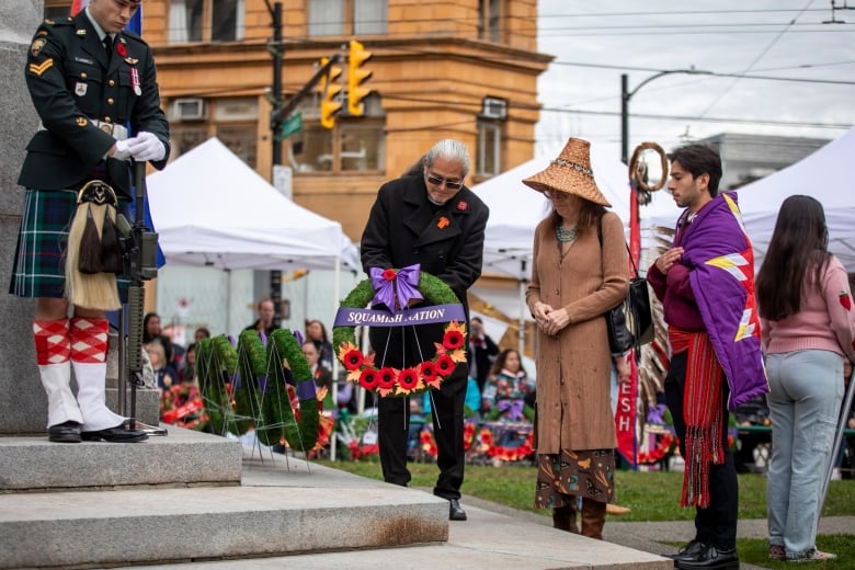 A wreath on behalf of the Squamish Nation is laid at Victory Square Cenotaph in honour of National Indigenous Veterans Day in Vancouver, B.C, on Friday, November 8, 2024.