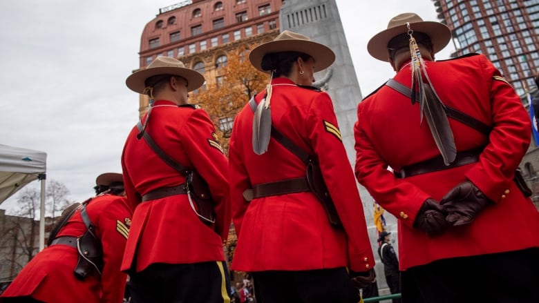 RCMP members mark National Indigenous Veterans Day in Vancouver, B.C, on Friday, November 8, 2024.