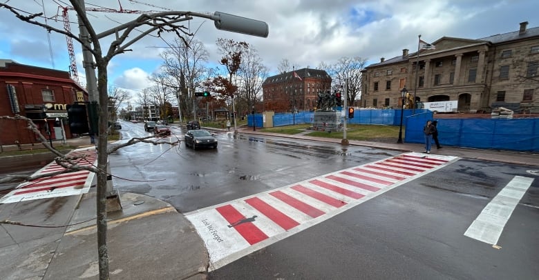 Intersection with painted crosswalks.