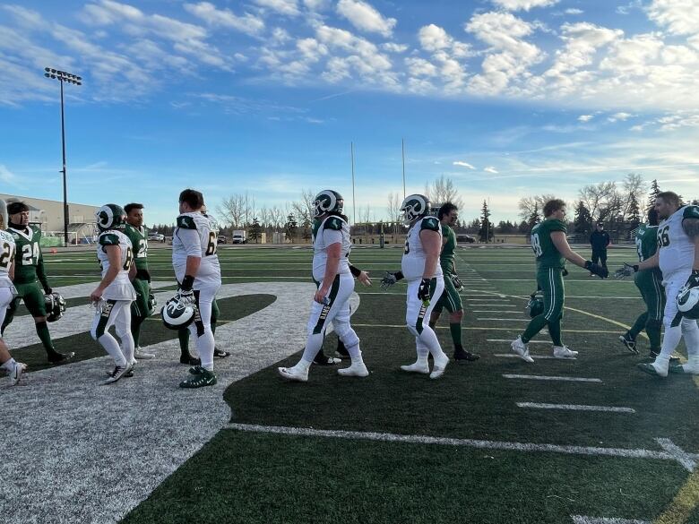 Football players shake hands.