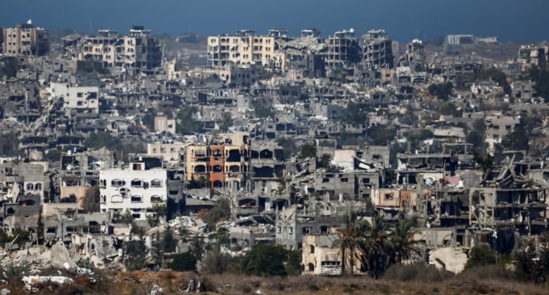 A number of destroyed buildings are shown from a distance. Almost all have blacked out, destroyed windows, and are just the grey skeletons of buildings. 