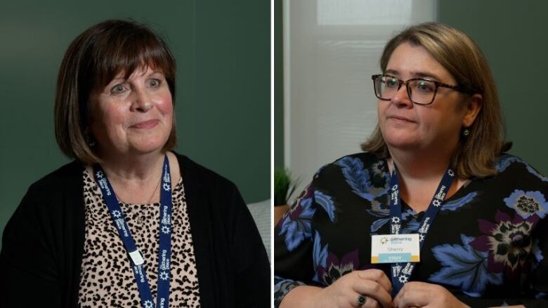 A collage image of two women sitting down in front of a green wall.