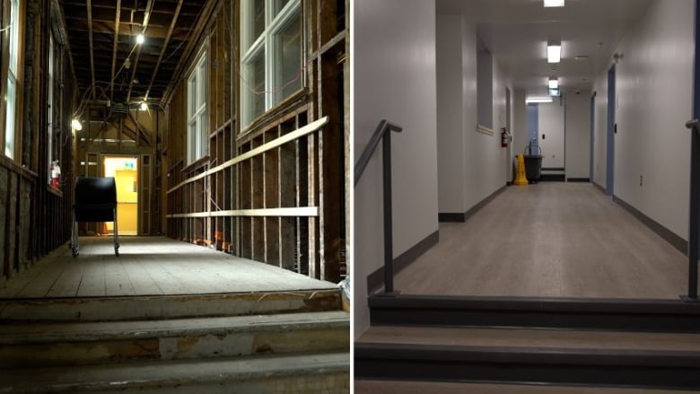 A collage with two images side-by-side. The image on the left depicts a hallway under construction with exposed wooden beams, and the image on the right is a finished hallway with white walls and vinyl flooring.