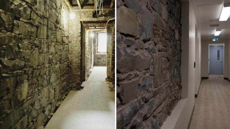 A collage with two images side-by-side. The image on the left depicts a hallway under construction with exposed stone walls, and the image on the right is a finished hallway with white walls, vinyl flooring, and a cut-out stone fixture in the wall.