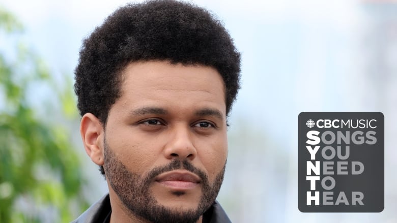 A cropped photo of the Weeknd (a Black man) with a blurred out background. He wears his hair in a short afro and his facial hair is cleanly trimmed. The CBC Music logo and the words Songs You Need to Hear appear in the lower right corner. 