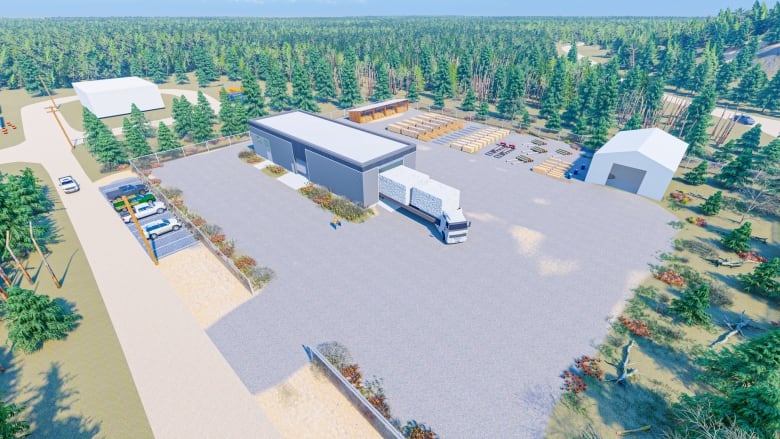 A rendering of a long low building with a semi truck coming out of it