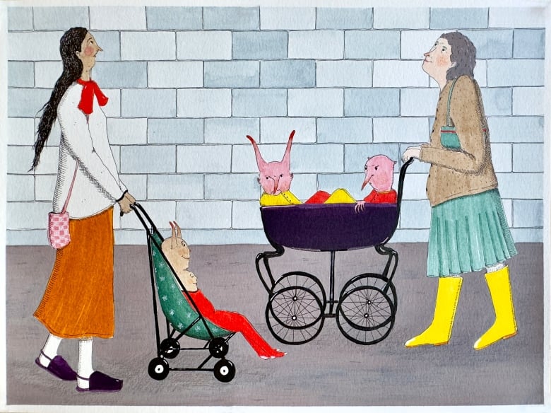 Pen and watercolour drawing of two women pushing strollers down the street. They face each other, but look into the sky. The babies in the strollers are not people, but monsters. They have horns and long snouts and multiple heads.