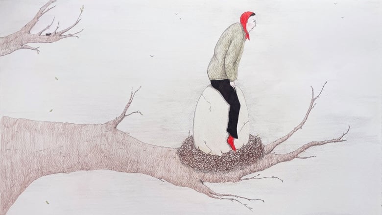 Pen and watercolour drawing. A woman sits on a giant egg in a nest that rests in a giant wintery tree. She frowns and slouches and is wearing a red kerchief and red boots.