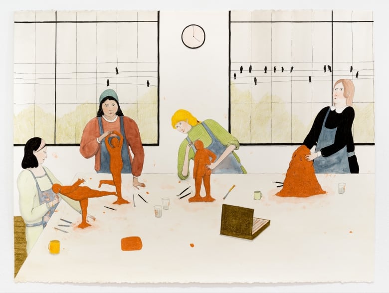 Pen and watercolour drawing. Four women sculpt figures from clay, gathered around a large table. Windows behind them show black birds perched on wires. The three women at left are happy and sculpt figures with strong poses. The women at right frowns and looks at the other sculptors. A blob of brown clay rests in front of her.