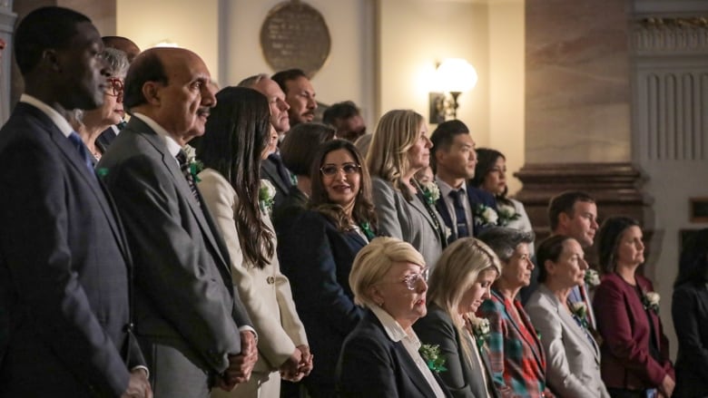 A group of MLAs pose for a picture in a Legislature.