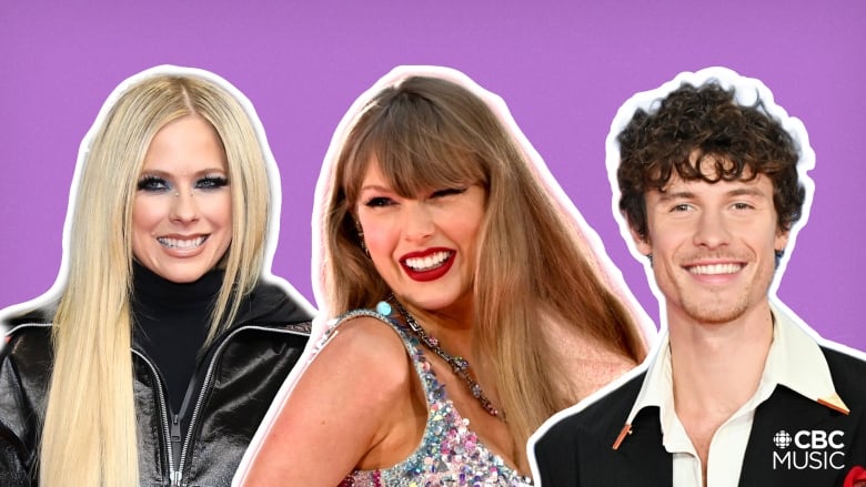 A graphic with photos of Avril Lavigne (a white woman), Taylor Swift (a white woman) and Shawn Mendes (a white man) in a row over a lavender background. The CBC Music logo appears in the bottom right corner. 