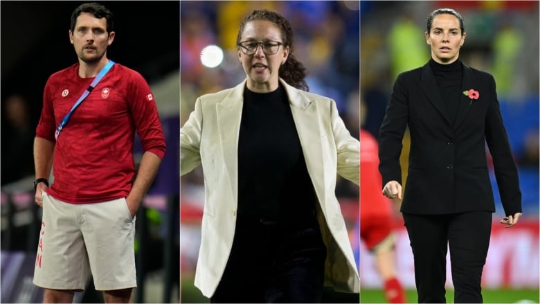 A three-tile composite images of a men's and two women's soccer coaches.