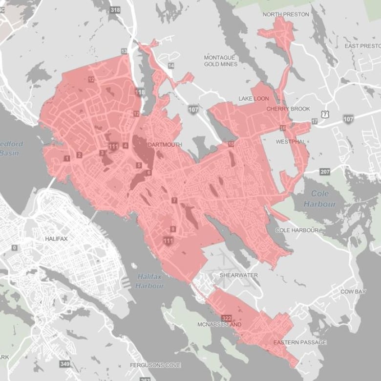 A map of North of Halifax showing affected communities in light red. 