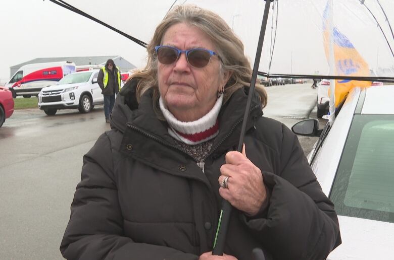 Woman in sunglasses and dark winter jacket holds and umbreall as she looks off-camera. 