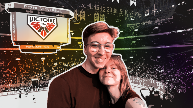 Graphic of two people standing together in front of a full hockey arena.