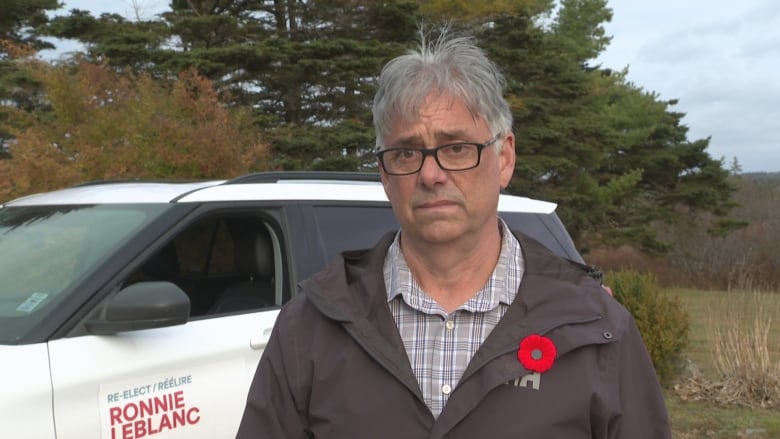 Man in black jacket and glasses stands next to a white SUV