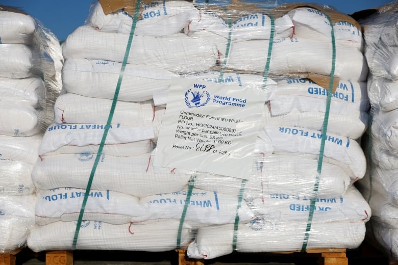 White bags of aid stacked on a pellet.