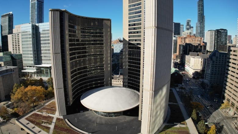 A drone image of Toronto City Hall and Nathan Phillips Sq. Shot Nov 7, 2024