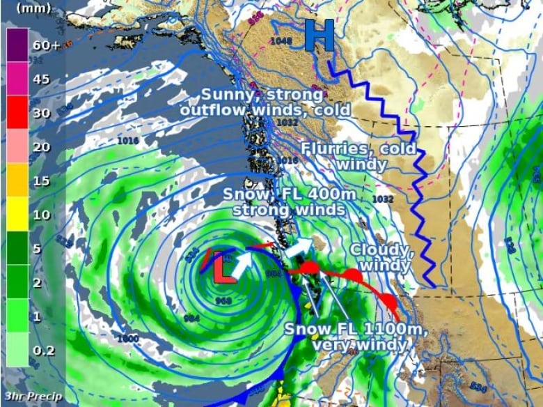 A meteorological map showing a very strong low-pressure system off B.C.'s coast that resembles a cyclone.