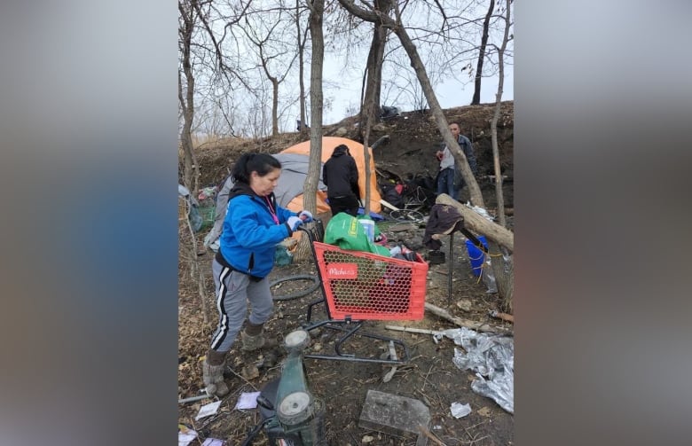 A woman on a blue jacket pushes a shopping cart.