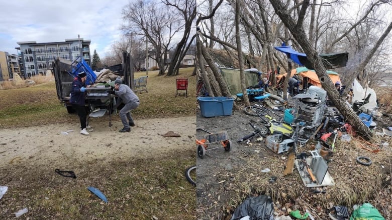 Two pictures, on the left a two man load objects into the back of the truck. On the right several objects are scattered on the ground.