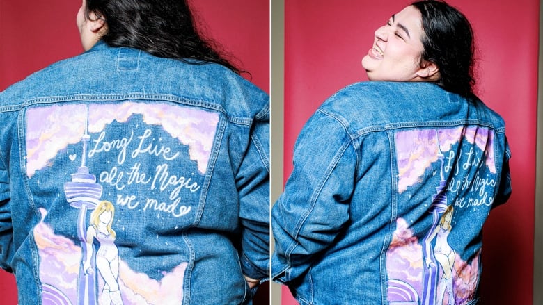 A person shows the back of her jean jacket which has design that includes the CN Tower and what looks like Taylor Swift in a body suit, with the phrase, Long Live all the Magic We Made.