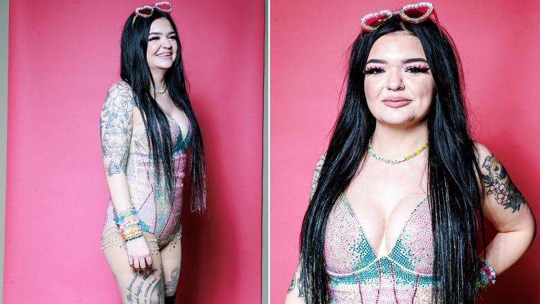 A young woman with straight long black hair and a large tattoo on her left arm wears a sequin outfit with a plunging neckline. She smiles for the camera during a portrait.