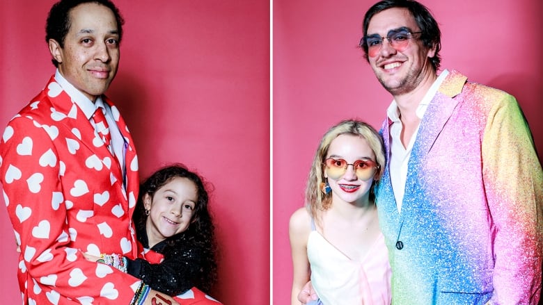 Swifties, a dad and daughter, pose for a portrait in pastel coloured outfits and heart-shaped sunglasses.