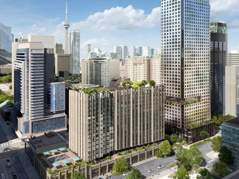 Rendering of 610 Bay Street and 130 Elizabeth Street showing a large building on top of the bus terminal bulilding