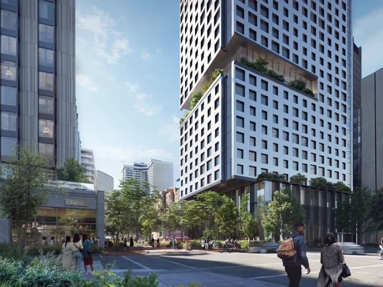 Rendering of 610 Bay Street and 130 Elizabeth Street showing people walking around the intersection surrounded by the new buildings and greenspace