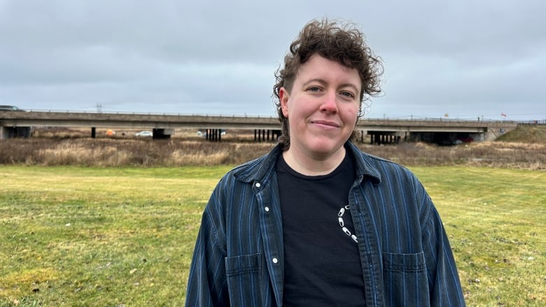 A person stands in a field near a highway