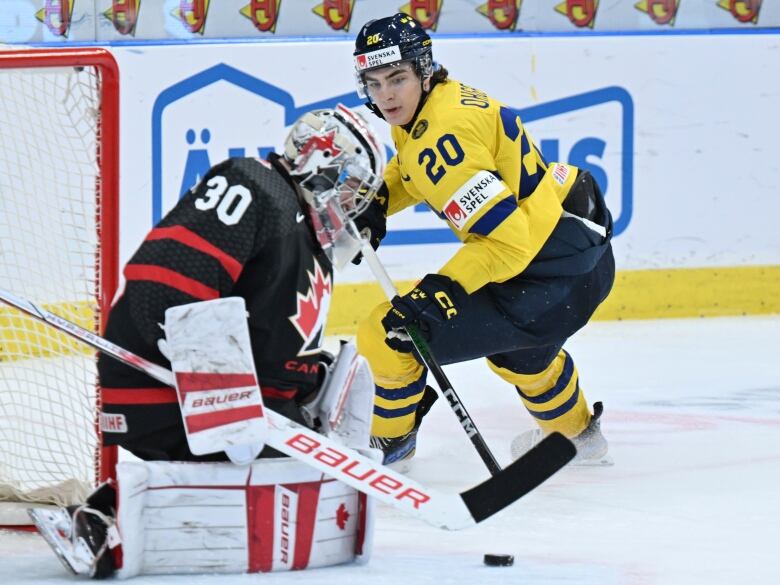 A goalie wearing a black and red jersey makes a save on a player wearing a yellow and blue jersey.