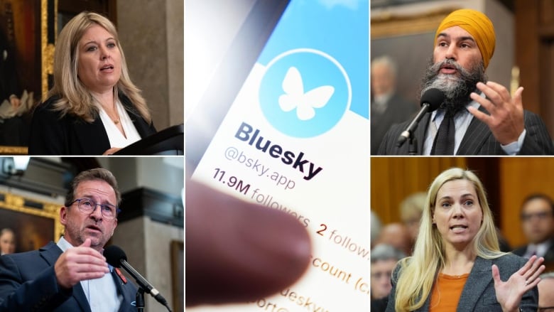 A composite image showing a person holding a phone with a screen displaying a Bluesky page in the centre, and four people speaking along the sides.