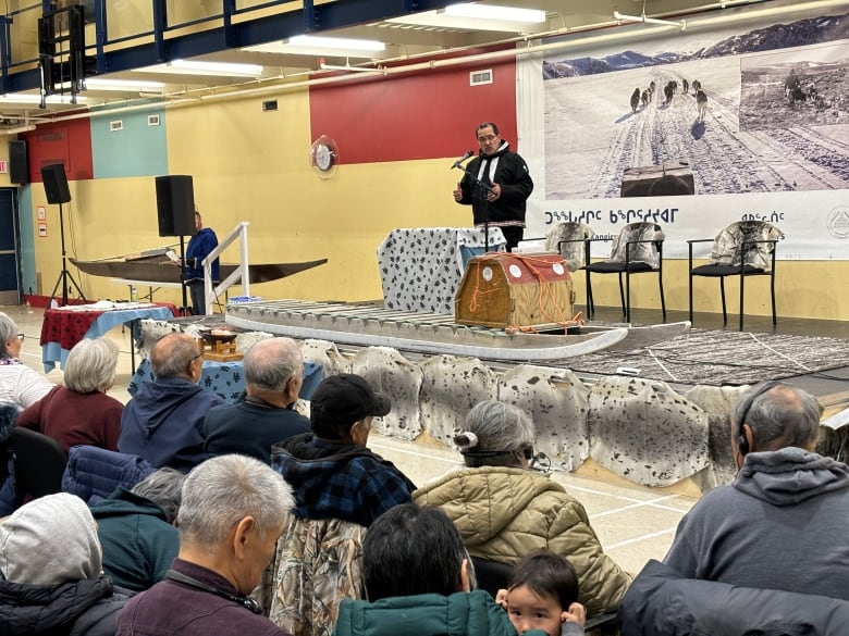 Makivvik Corporation president Pita Aatami speaking at the Nunavik dog slaughter apology event