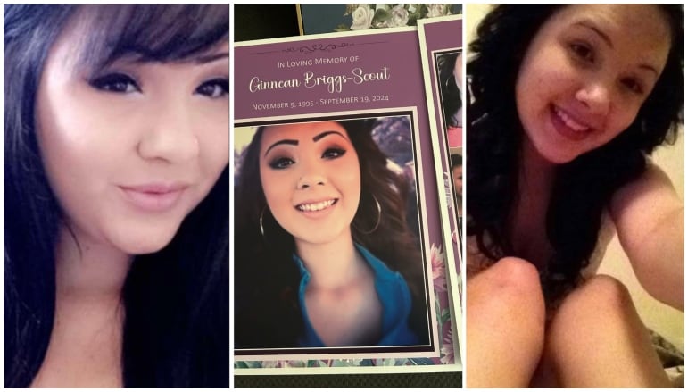 A collage of photos of a smiling young woman, including one picture of a funeral card. 