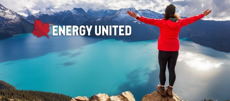 An advertising image that says Energy United and shows a person facing away from camera with their arms outstretched.