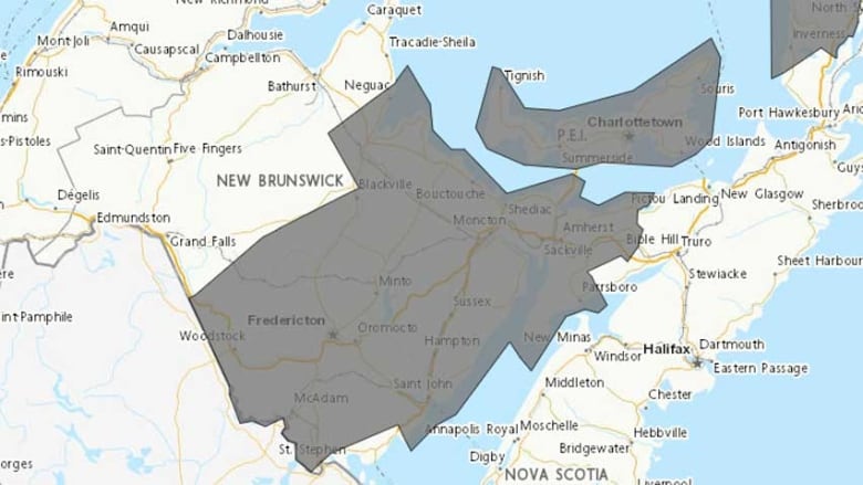 A map of New Brunswick, with the central and southern portions highlighted in grey to indicate where the weather advisory is in effect.