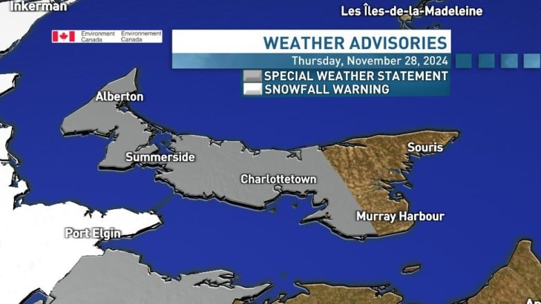 A map of PEI showing two thirds of the Island under a special weather statement.