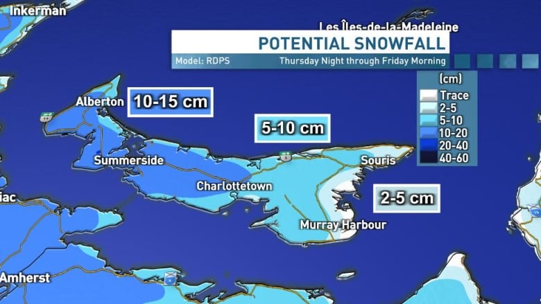 A map of PEI showing higher projected snowfall totals in the western parts of the Island.