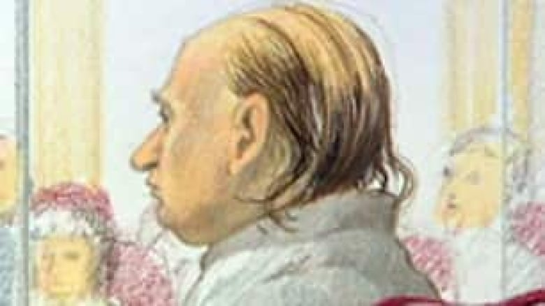 A court sketch of a man with combed-back black hair on a balding head.